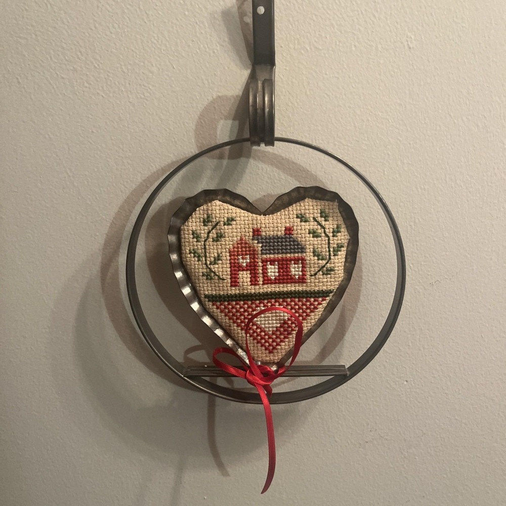 VTG Cross Stitch Heart House Tin Ribbon Wall Hanging